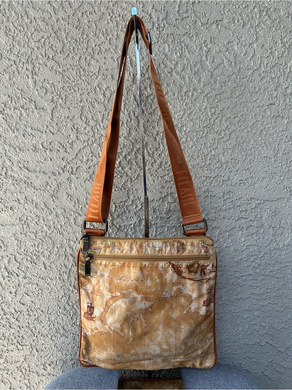 Alviero Martini Tan Map-Print Messenger Crossbody